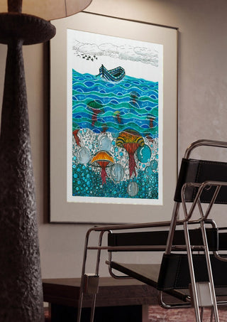 Jellyfish Sea by JHN.ByHjort framed in a dim room beside a tubular steel chair