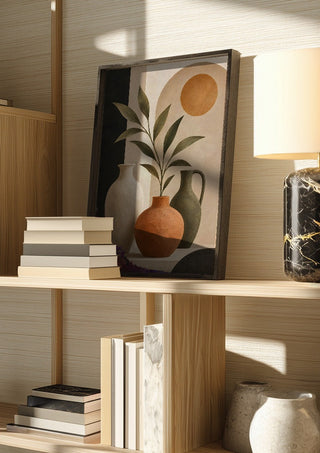 Terracotta Vase and Greenery by TimlessArtworks in a dark frame on a wooden shelf beside books and a lamp