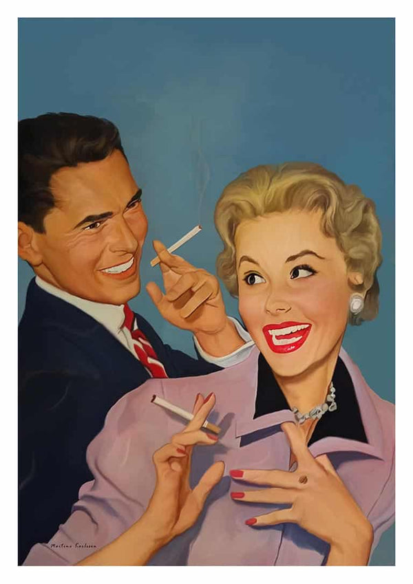 Retro-style illustration of a smiling man and woman holding cigarettes, featured on Lift me up by Martina Karlsson.