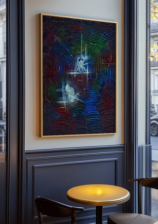 Trap by Zhan Snow in an oak frame on a panelled café wall