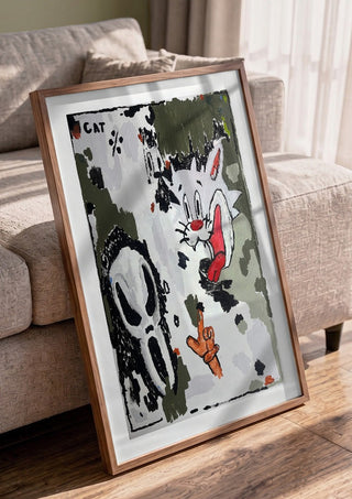 BALLER’INA ESCORT by Oscar Birch in a walnut frame leaning against a grey sofa