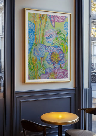Sfumature blu by Maria Emanuela Fiori in an oak frame on a panelled café wall