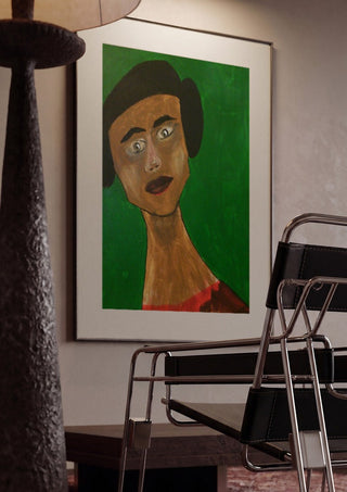 Sinthea by Ian Frederick Harris framed in a dim room beside a tubular steel chair