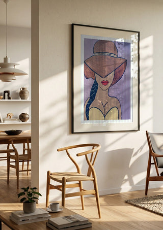 Shaded Allure by Bibi in a black frame in a bright dining room with wooden chairs