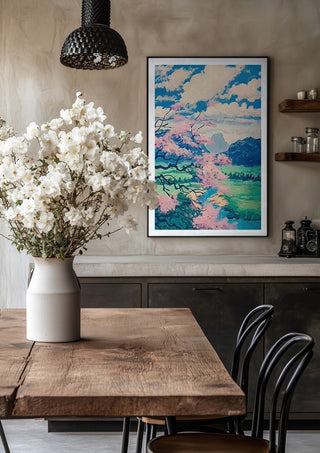 Where Whispers Meet the Monolith by Bibi in a black frame above a rustic table with white flowers