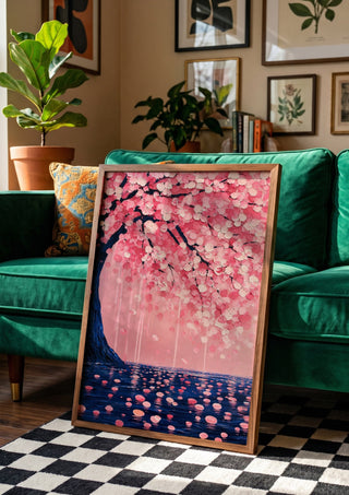Cherry Blossom over Water by Yokohama in a wooden frame leaning against a green velvet sofa on a chequered floor