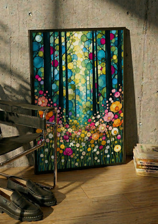 Stained Glass Forest by Yokohama in a black frame leaning against a concrete wall by a steel chair