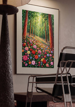 Rose Path in the Forest by Yokohama framed in a dim room beside a tubular steel chair