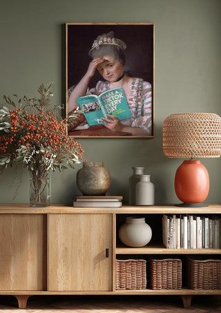 Make a Tik Tok by Dikhotomy above a wooden sideboard on a sage green wall