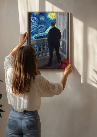 Starry Night by Dikhotomy being hung on a sunlit wall