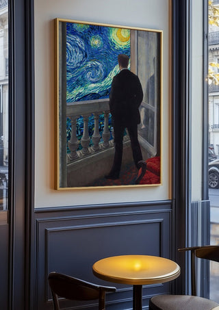 Starry Night by Dikhotomy in an oak frame on a panelled cafe wall