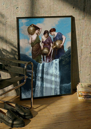 Magic Waterfall by Dikhotomy in a black frame leaning against a concrete wall by a steel chair
