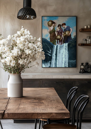 Magic Waterfall by Dikhotomy in a black frame above a rustic table with white flowers