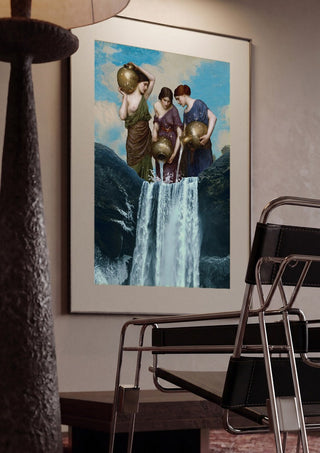 Magic Waterfall by Dikhotomy framed in a dim room beside a tubular steel chair