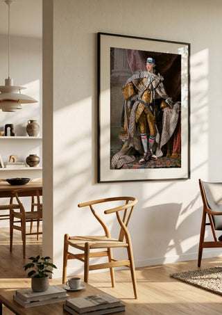 Cool King by Dikhotomy in a black frame in a bright dining room with wooden chairs