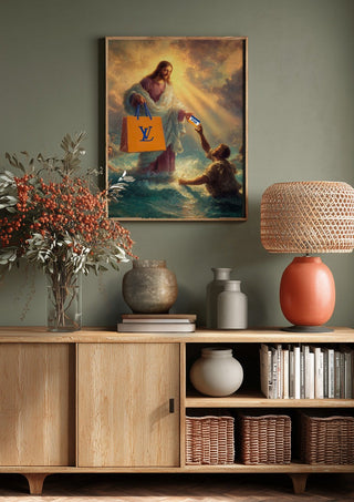 Divine Exchange by Dikhotomy above a wooden sideboard on a sage green wall