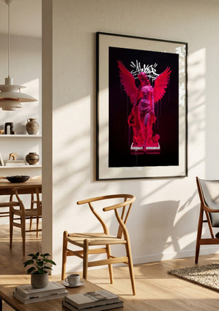 Neon Athenea by Dikhotomy in a black frame in a bright dining room with wooden chairs