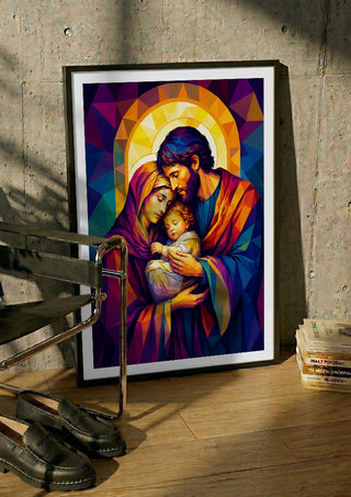 The Holy Family in Divine Light by nyai in a black frame leaning against a concrete wall by a steel chair