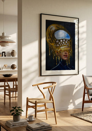 Between Worlds by Ronny Simon in a black frame in a bright dining room with wooden chairs