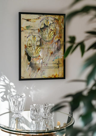 Dem jeg holder af by Henrik Kock in a black frame above a glass table with crystal glassware