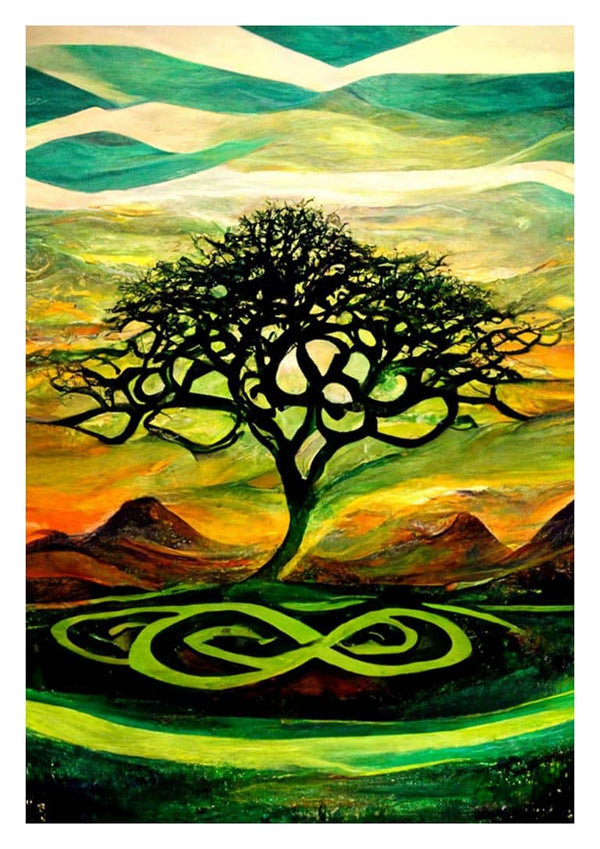Art print of "Tree of Life Green" by Thomas Nordentoft, featuring a stylized tree with Celtic knot patterns.