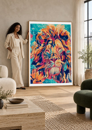 The Geometric King by Bibi leaning against a sunlit living room wall beside a woman