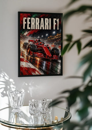 Ferrari F1 by Danii Steinfeldt in a black frame above a glass table with crystal glassware