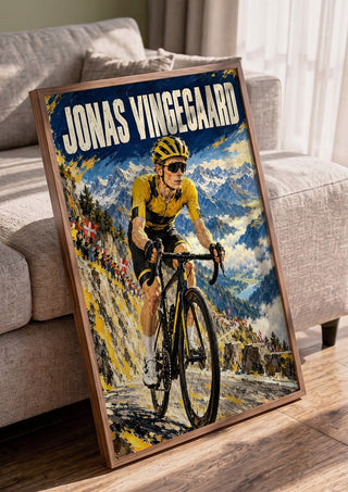 Jonas Vingegaard by Danii Steinfeldt in a walnut frame leaning against a grey sofa