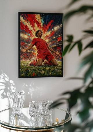 Rio Ngumoha Celebration by Danii Steinfeldt in a black frame above a glass table with crystal glassware
