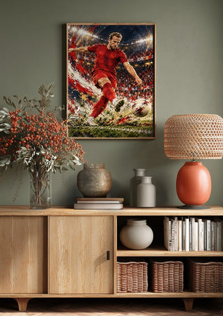 Harry Kane by Danii Steinfeldt above a wooden sideboard on a sage green wall
