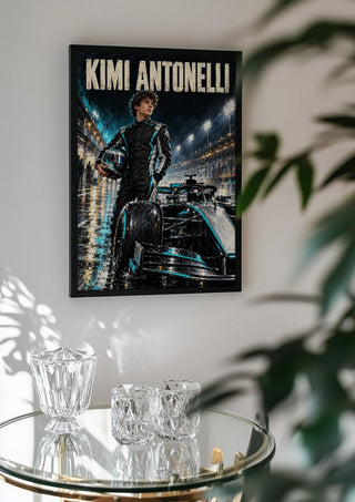 Kimi Antonelli by Danii Steinfeldt in a black frame above a glass table with crystal glassware