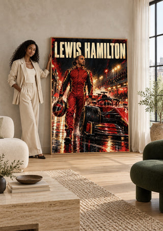 Lewis Hamilton by Danii Steinfeldt leaning against a sunlit living room wall beside a woman