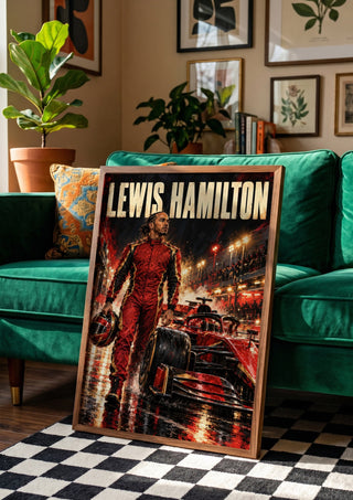 Lewis Hamilton by Danii Steinfeldt in a wooden frame beside a green velvet sofa on a chequered floor