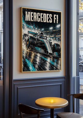 Mercedes F1 by Danii Steinfeldt in an oak frame on a panelled cafe wall