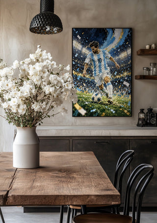 Lionel Messi by Danii Steinfeldt in a black frame above a rustic table with white flowers