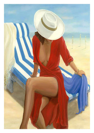 A woman in a red dress and white hat sits on a beach chair with blue stripes; art by Martina Karlsson.
