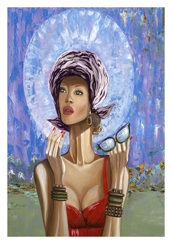 Painting of a stylish woman in red, holding glasses, with a patterned headscarf and blue halo background.