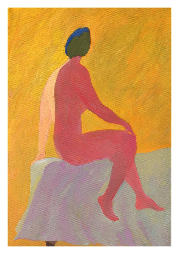 Abstract artwork of a seated nude figure with vibrant colors, from Silence is the Element by Martina Karlsson.