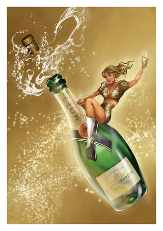 A woman in a gold outfit sits on a popping champagne bottle, holding a glass, with bubbly splashing around.