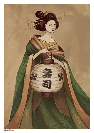 Illustration of a geisha in traditional attire holding a lantern, featured on Geisha Dreams by Kate Aitana.