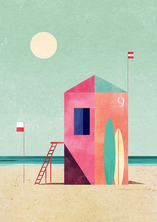 Colorful surf hut with a surfboard on sandy beach, under sun and flags, by Henry Rivers.