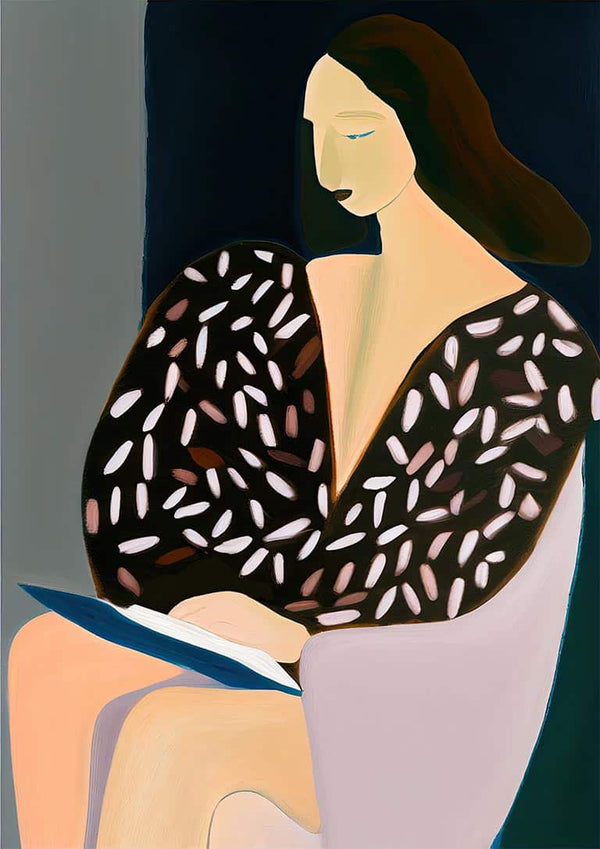 Abstract painting of a woman with dark hair sitting and reading, featured on the Think Of Never - David Wolf product page.