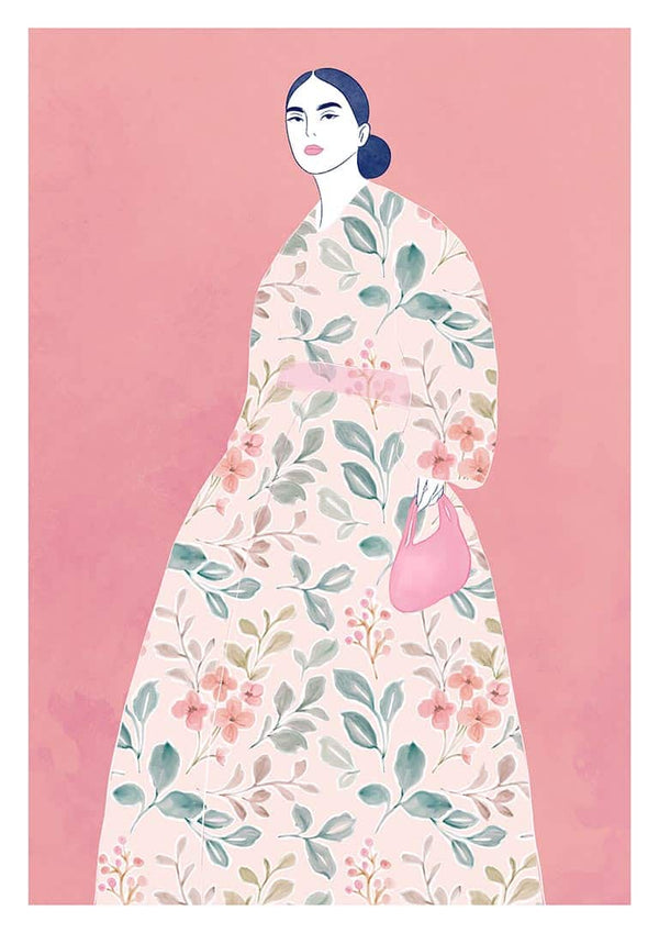 Art print of a woman in a floral dress holding a pink purse, from "He Loves You" by Elara Monet.