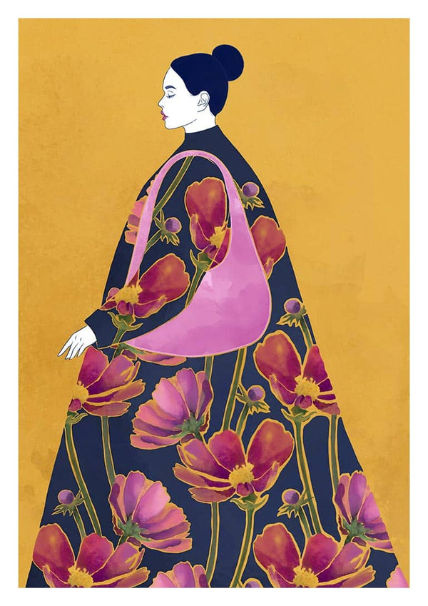 Illustration of a woman in a floral dress with a pink bag on a mustard yellow background. I Think - Elara Monet.