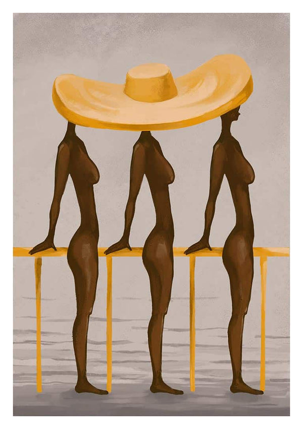 Art print of three women standing side by side, sharing one large yellow hat, by Martina Karlsson.