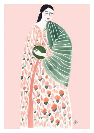 Illustration of a woman in a pink floral robe holding a green fan, artwork titled "Pink Geisha" by Martina Karlsson.