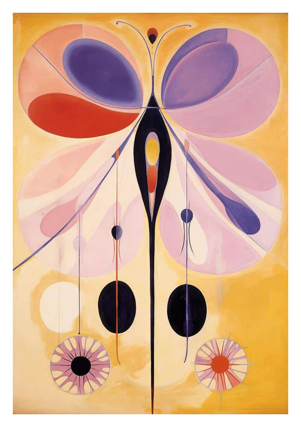 Abstract butterfly artwork in pink, purple, and black on a yellow background for Fly Butterfly - Tara Green.