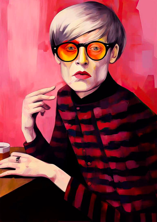 A stylized portrait of Mr. Andy Warhol - Tara Green wearing orange glasses and a striped shirt against a pink background.