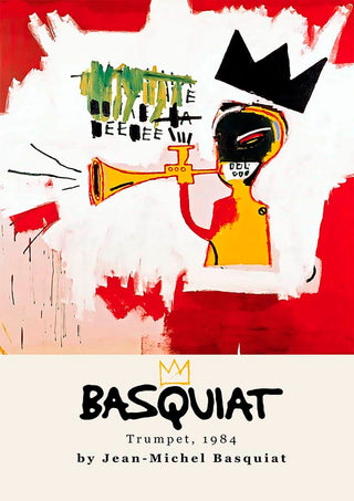 Abstract painting "Trumpet" by Jean-Michel Basquiat, featuring a figure with a trumpet and signature crown motif.