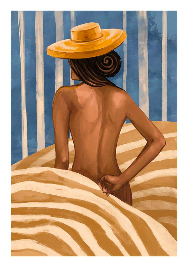 Painting of a woman with a yellow hat, facing away, on striped sand dunes with a blue and white striped background.
